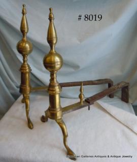 JOHN MOLINEAUX (died 1829) SIGNED Boston Federal Brass Steeple Top Andirons