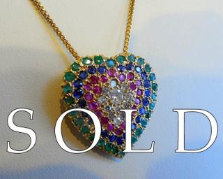 82 GEMS gold HEART pendant/brooch, 2-1/2 carats total Diamonds, Rubies, Blue Sapphires & Emeralds