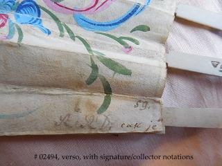 Verso detail, showing initials of the fan painter &/or collectors