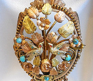 Guarajuato Mexico BIRDS, LEAVES, FLOWERS & NESTS Pin-Pendant and earrings  Two Colors Gold & Gems ... the rare tradition