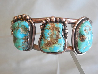 THREE BIG TURQUOISE Navajo silver cuff bracelet, with artistically applied free-form silver beads and wire borders