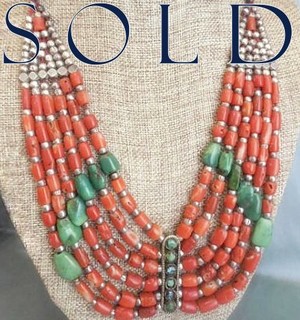 CORAL 6-STRAND BIB NECKLACE, collected in Rajasthan, India, 1977