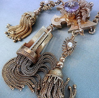 1871 patent HIGH VICTORIAN TASSELS gold necklace, amethyst and pearl accents