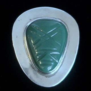 MID-CENTURY AZTEC FACE carved green quartz & heavy Sheet Silver brooch 
