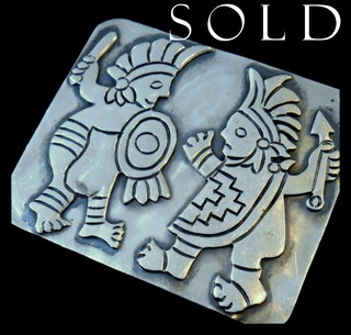 "TWO AZTEC WARRIORS" big bold heavy silver plaque brooch