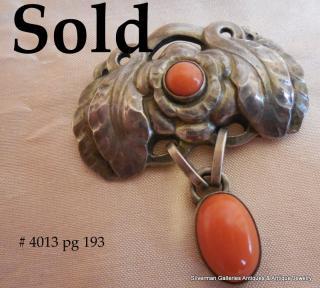 CORAL PENDANT Art Nouveau Brooch, Georg Jensen # 193, designed 1904 - 1914