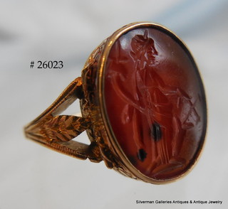 Roman goddess 'FORTUNA' (called Tyche by the Greeks) carnelian intaglio in exceptional gold Vinaigrette ring