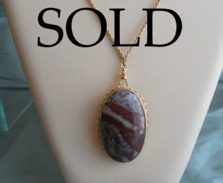 RED-VEINED JASPER large fine "Landscape Agate" antique gold pendant