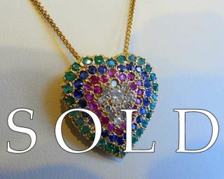 82 GEMS gold HEART pendant/brooch, 2-1/2 carats total Diamonds, Rubies, Blue Sapphires & Emeralds
