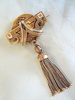 Victorian 18k TASSEL BROOCH / WATCH PIN, enameled in black & white