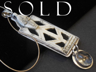 CARVED BONE ANTIQUE FIGURE & Rutilated Quartz