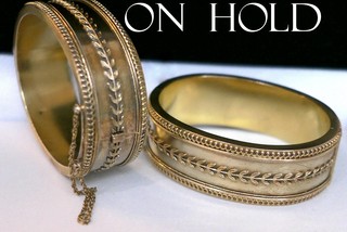 Pair, ETRUSCAN REVIVAL Gold Cuff Bracelets, hinged