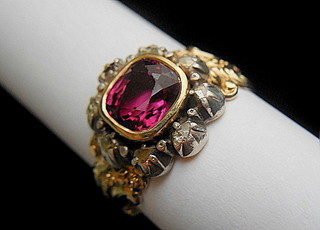 RUBY 2 CARATS in antique Georgian "Halo" of Rose Cut Diamonds Ring