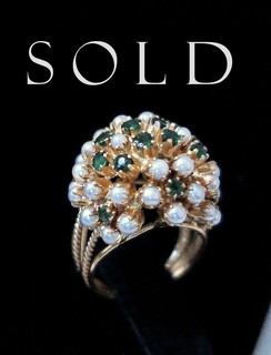 FLOWERY DOME BOUQUET, emeralds and pearls, 18k yellow gold