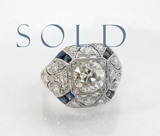 HIGH ART DECO Platinum & Diamonds Ring, Blue Sapphire Accents