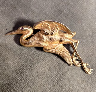 BIG STORK BROOCH, Vermeil, copyright 1904, signed