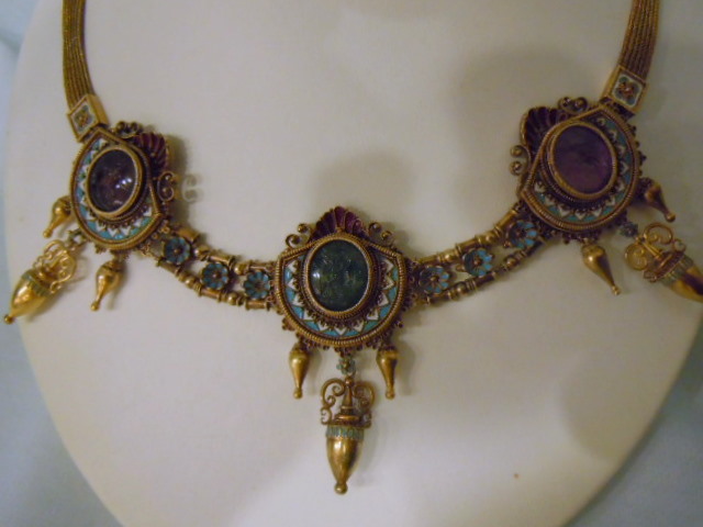 Fine Archaeological Revival necklace with three intaglio-carved medalions