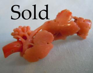 CARVED CORAL FLOWERING BRANCH BROOCH