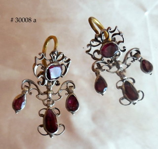 Early Girondelle Earrings, Garnets, Silver Open Scrolls & Gold