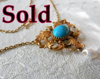 AMERICAN ART NOUVEAU TURQUOISE, Tennessee River Pearl & Gold Lavaliere Necklace