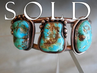 THREE BIG TURQUOISE Navajo silver cuff, with artistically applied free-form silver beads and wire borders