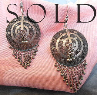 EXCEPTIONAL FILIGREE  Vintage Silver Conical Shield, Stars & Fringe Earrings