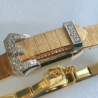 "DIAMONDS BUCKLE"  14K gold bracelet / watch with hinged cover
