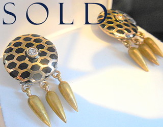 HONEY-COMB ENAMELED "Shield & Urns" Revivalist Diamond Earrings