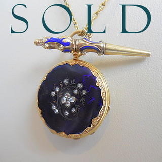 BLUE ENAMEL & Rose Cut DIAMONDS Belle Epoque Pendant Watch Necklace & Matching Key