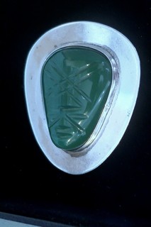 MID-CENTURY AZTEC FACE carved green quartz & heavy Sheet Silver brooch 