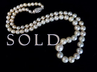 9.6 mm – 4.3 mm ANTIQUE NATURAL SALTWATER PEARLS Strand, Edwardian Platinum and Diamonds clasp