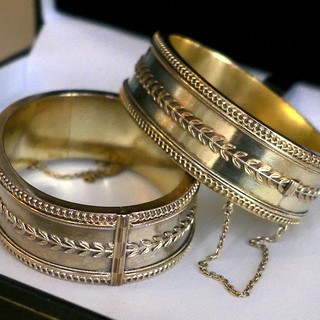 Pair, ETRUSCAN REVIVAL Gold Cuff Bracelets, hinged
