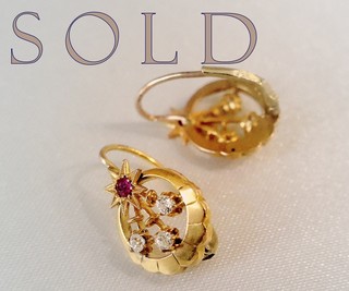 "COMET & CRESCENT" late Victorian 18k Gold gem-set earrings