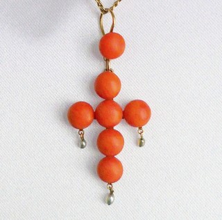 Antique Mediterranean Coral, 18k Gold & Pearls Pendant Cross Necklace