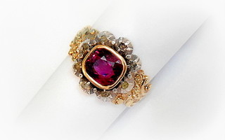 RUBY 2 CARATS in antique Georgian "Halo" of Rose Cut Diamonds Ring