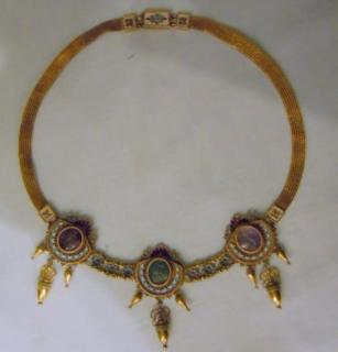 Fine Revivalist Necklace with three intaglio gems, three colors enamel, urns