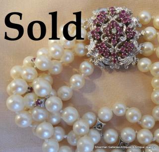 FOUR-STRAND Bracelet of Akoya Cultured Pearls, Rubies & Diamonds