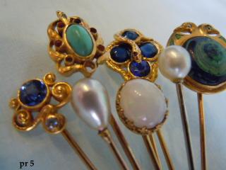 Four Art Nouveau Gold Pins (Birds & Serpents) with Blue & Turquoise Gems